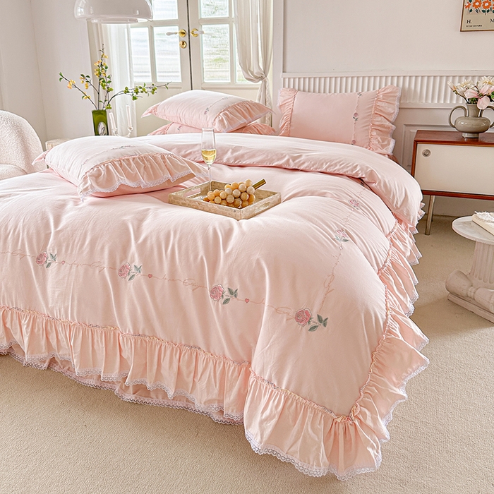 91家纺网 家纺一手货源 找家纺 亲亲公主 2025新款亲肤舒适全棉绣花公主风四件套-彩色玫瑰 美人玉