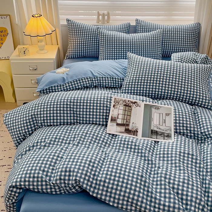 91家纺网 家纺一手货源 找家纺 楠沐家纺 2025新款亲肤柔软水洗棉磨毛四件套 蓝小格