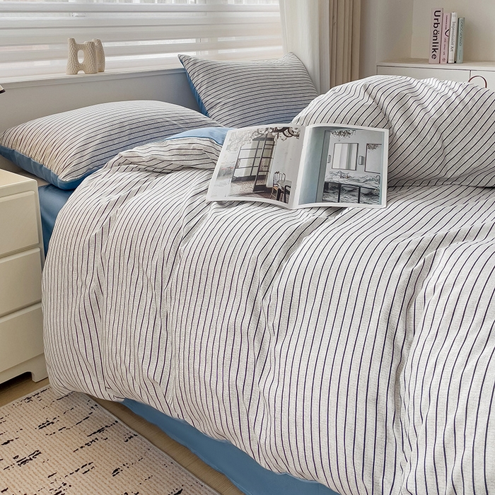 91家纺网 家纺一手货源 找家纺 楠沐家纺 2025新款亲肤柔软水洗棉磨毛四件套 白条蓝