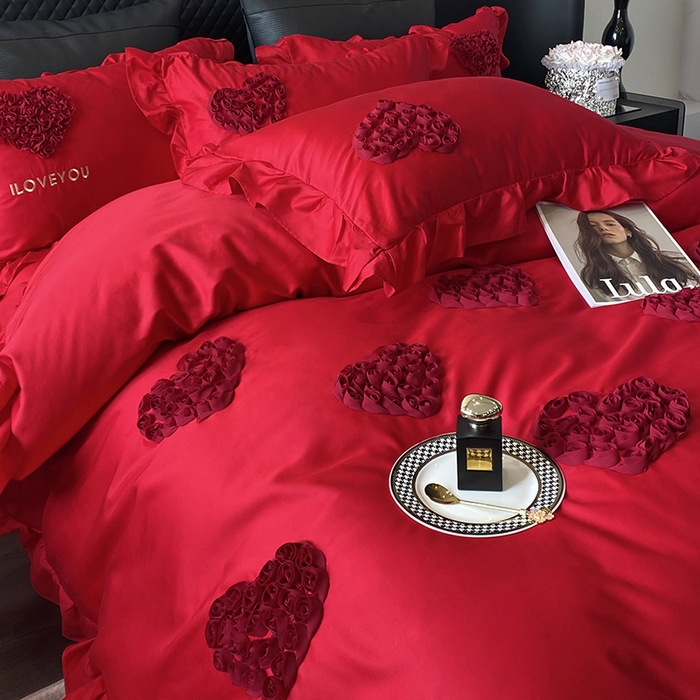 91家纺网 家纺一手货源 找家纺 优悦_新款磨毛婚庆3D立体绣花四件套 心里有你