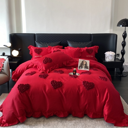 91家纺网 家纺一手货源 找家纺 优悦_新款磨毛婚庆3D立体绣花四件套 心里有你