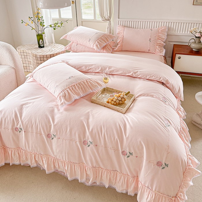 91家纺网 家纺一手货源 找家纺 亲亲公主 2025新款亲肤舒适全棉绣花公主风四件套-彩色玫瑰 美人玉