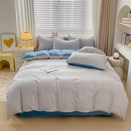 91家纺网 家纺一手货源 找家纺 楠沐家纺 2025新款亲肤柔软水洗棉磨毛四件套 白条蓝