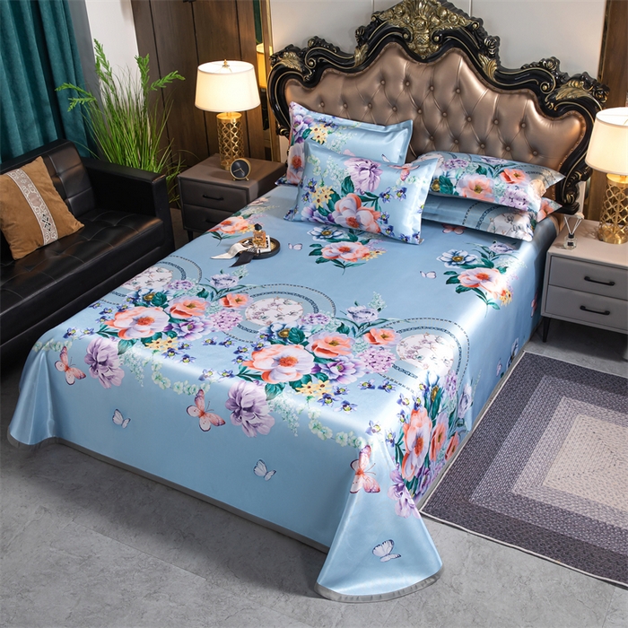 91家纺网 家纺一手货源 找家纺 梵克保罗 2024新款印花冰丝凉席套件-系列一 春香满园-蓝