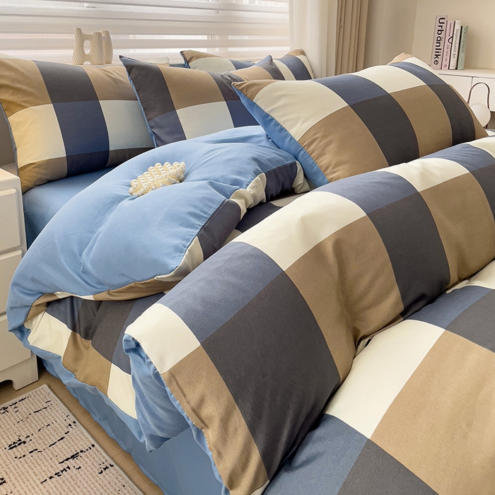 91家纺网 家纺一手货源 找家纺 楠沐家纺 2025新款亲肤柔软水洗棉磨毛四件套 蓝大格