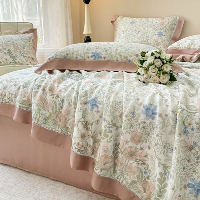 91家纺网 家纺一手货源 找家纺 若未2025新款法式莱赛尔天丝印花镂空夏被和夏被四件套 花海缠绵