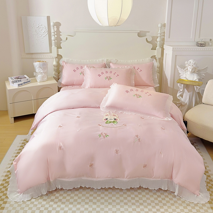 91家纺网 家纺一手货源 找家纺 （总）菲儿家纺 2024新款水洗真丝花边刺绣四件套-萌萌兔系列