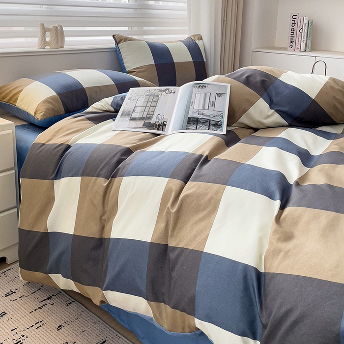 91家纺网 家纺一手货源 找家纺 楠沐家纺 2025新款亲肤柔软水洗棉磨毛四件套 蓝大格