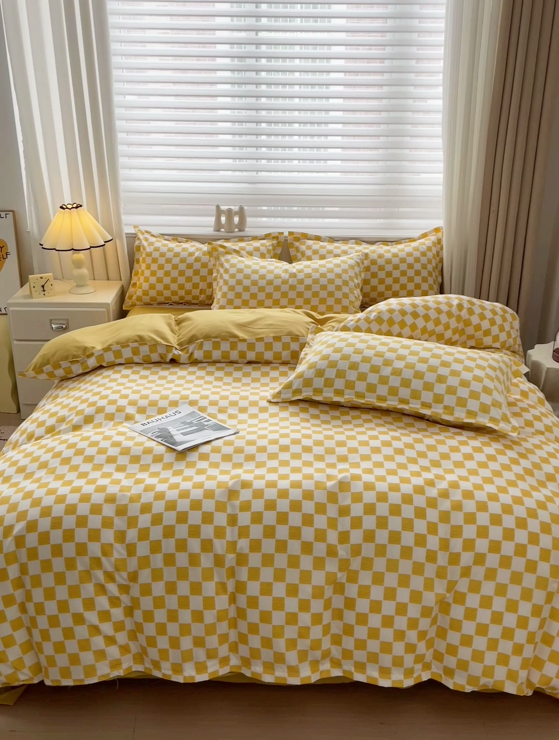 91家纺网 家纺一手货源 找家纺 楠沐家纺 2025新款亲肤柔软水洗棉磨毛四件套 棋盘格黄