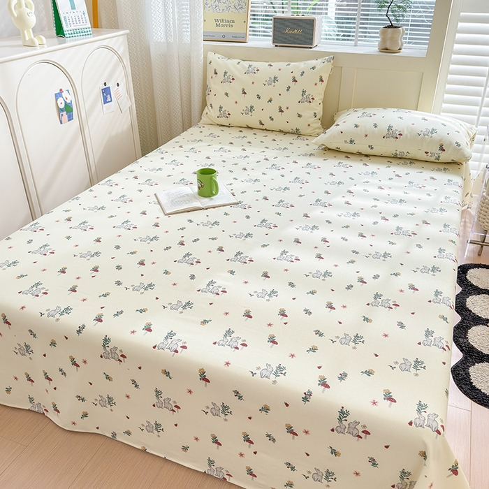 91家纺网 家纺一手货源 找家纺 吉象家纺 2024新款老粗布三件套-床单款 花园兔