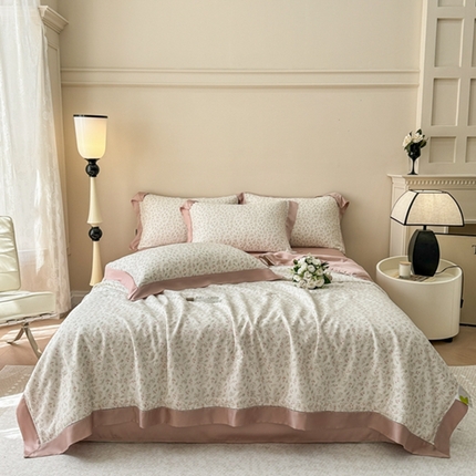 若未2025新款法式莱赛尔天丝印花镂空夏被和夏被四件套 叶纷飞