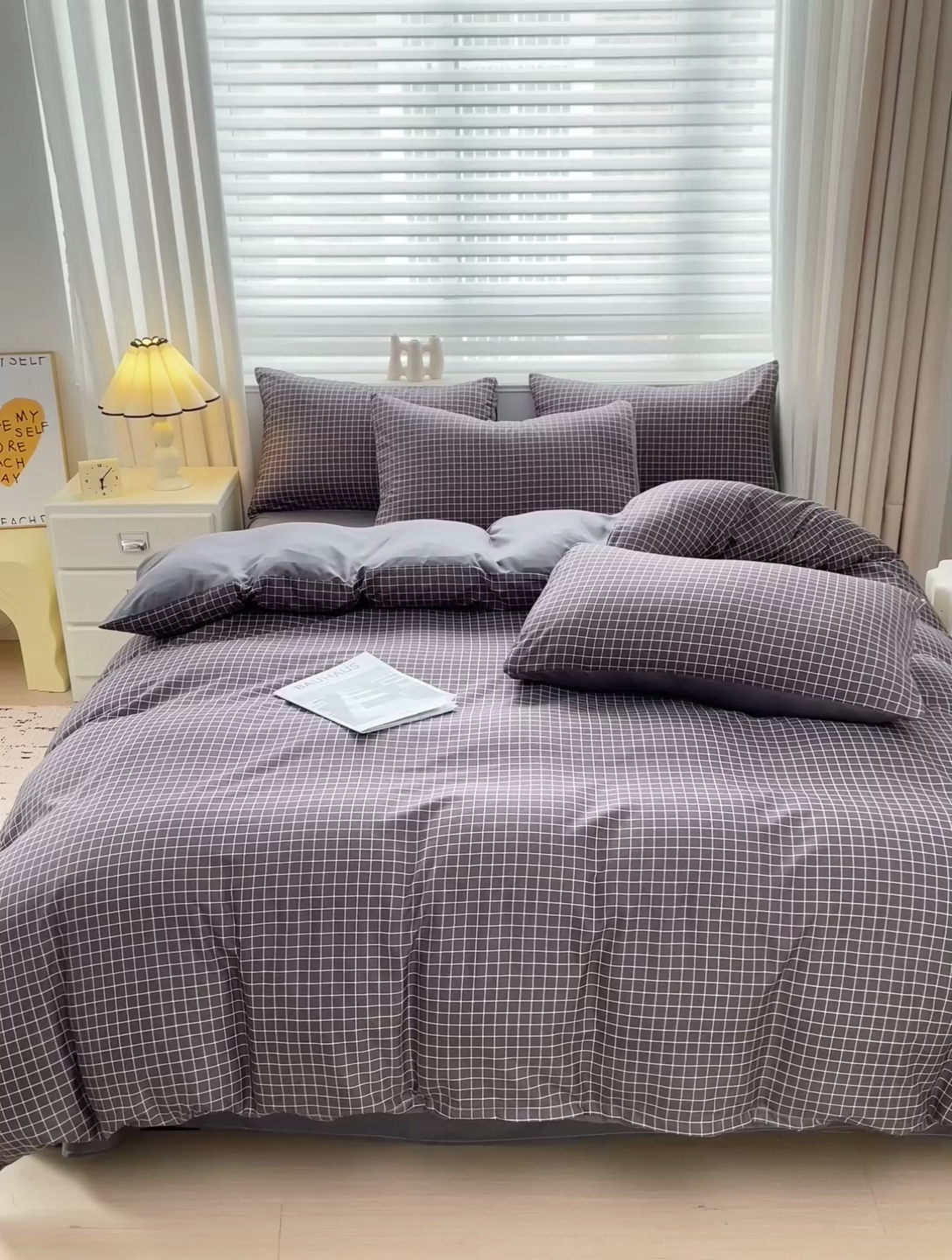 91家纺网 家纺一手货源 找家纺 楠沐家纺 2025新款亲肤柔软水洗棉磨毛四件套 黑小格