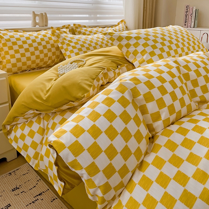 91家纺网 家纺一手货源 找家纺 楠沐家纺 2025新款亲肤柔软水洗棉磨毛四件套 棋盘格黄