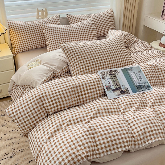 91家纺网 家纺一手货源 找家纺 楠沐家纺 2025新款亲肤柔软水洗棉磨毛四件套 咖小格