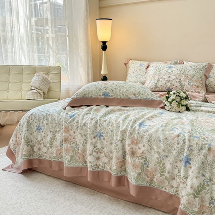 91家纺网 家纺一手货源 找家纺 若未2025新款法式莱赛尔天丝印花镂空夏被和夏被四件套 花海缠绵