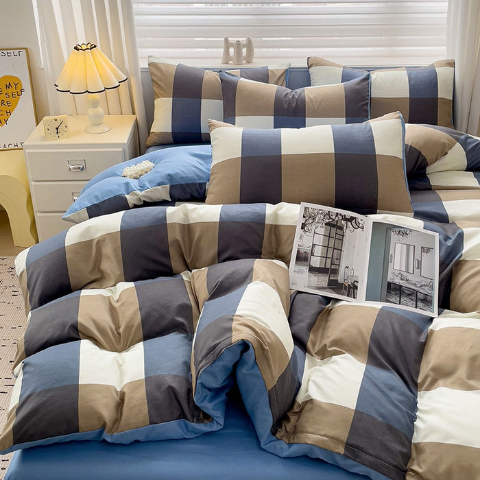 91家纺网 家纺一手货源 找家纺 楠沐家纺 2025新款亲肤柔软水洗棉磨毛四件套 蓝大格