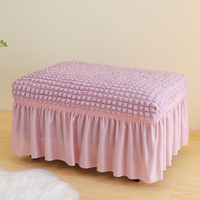 91家纺网 家纺一手货源 找家纺 启博家纺 2024新款简约舒适泡泡纱系列-裙边换鞋凳套（脚踏套沙发凳套） 桃粉