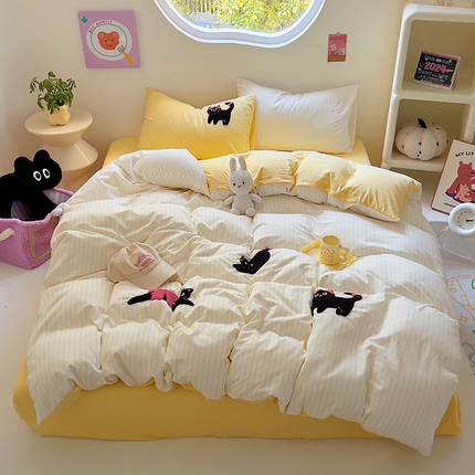 易辰美 2024新款条纹水洗棉毛巾绣四件套（专版） 淘气猫-黄条