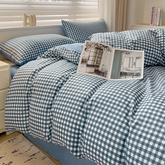 91家纺网 家纺一手货源 找家纺 楠沐家纺 2025新款亲肤柔软水洗棉磨毛四件套 蓝小格