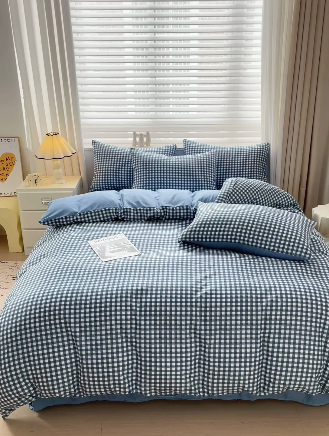 91家纺网 家纺一手货源 找家纺 楠沐家纺 2025新款亲肤柔软水洗棉磨毛四件套 蓝小格