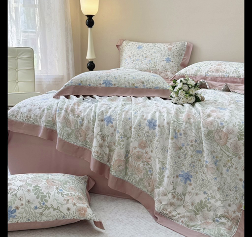 91家纺网 家纺一手货源 找家纺 若未2025新款法式莱赛尔天丝印花镂空夏被和夏被四件套 花海缠绵