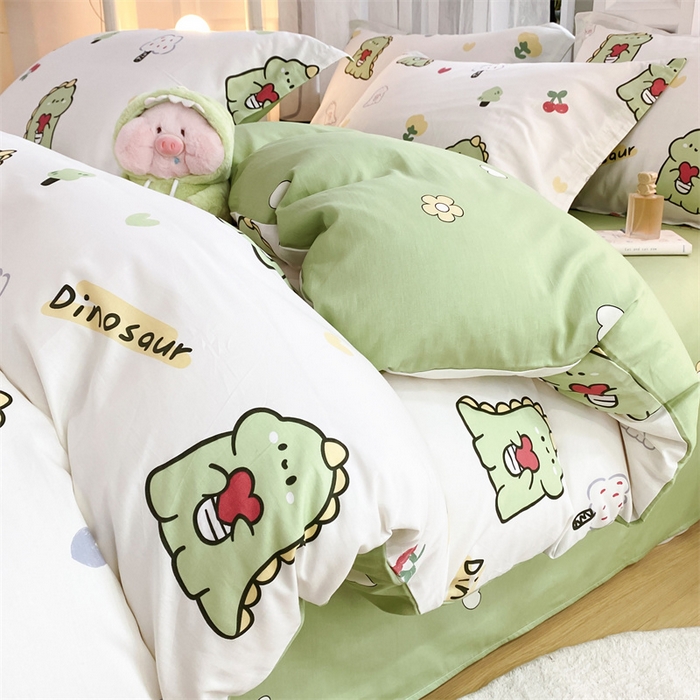 91家纺网 家纺一手货源 找家纺 铭博家纺 2024新款全棉印花四件套 小恐龙