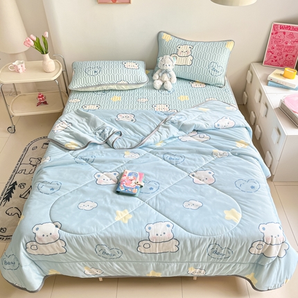 沐慕 2024新款小清新凉感丝夏被四件套空调被夏季被芯 云朵小熊