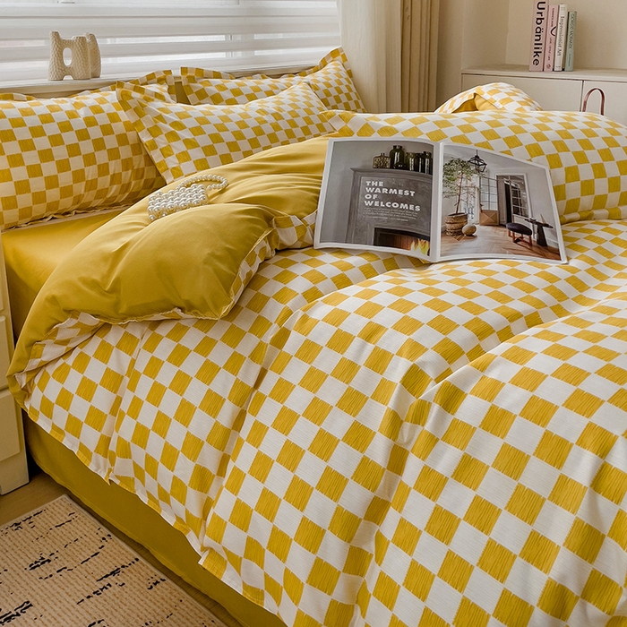 91家纺网 家纺一手货源 找家纺 楠沐家纺 2025新款亲肤柔软水洗棉磨毛四件套 棋盘格黄