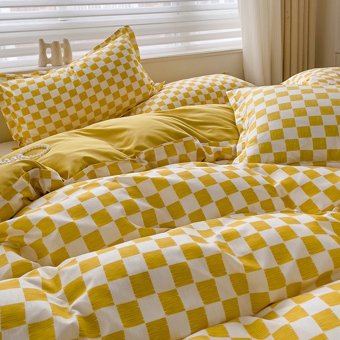 91家纺网 家纺一手货源 找家纺 楠沐家纺 2025新款亲肤柔软水洗棉磨毛四件套 棋盘格黄