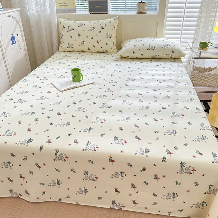 91家纺网 家纺一手货源 找家纺 吉象家纺 2024新款老粗布三件套-床单款 花园兔