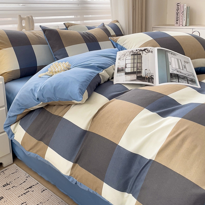 91家纺网 家纺一手货源 找家纺 楠沐家纺 2025新款亲肤柔软水洗棉磨毛四件套 蓝大格