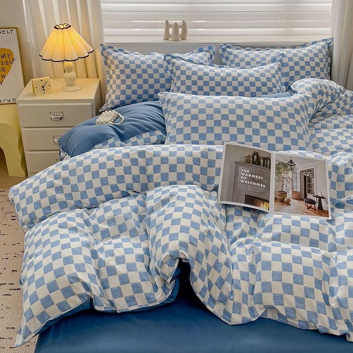 91家纺网 家纺一手货源 找家纺 楠沐家纺 2025新款亲肤柔软水洗棉磨毛四件套 棋盘格蓝