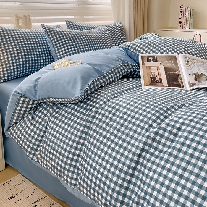 91家纺网 家纺一手货源 找家纺 楠沐家纺 2025新款亲肤柔软水洗棉磨毛四件套 蓝小格