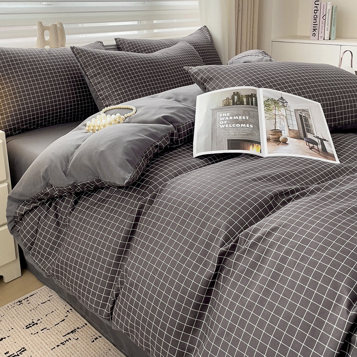 91家纺网 家纺一手货源 找家纺 楠沐家纺 2025新款亲肤柔软水洗棉磨毛四件套 黑小格