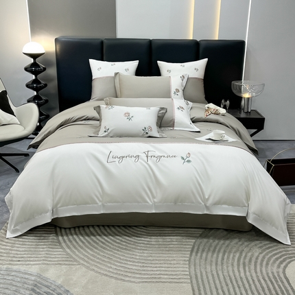 家居1号家纺 2024新款13376全棉刺绣四件套-轻奢玫瑰 奢玫瑰-高级灰