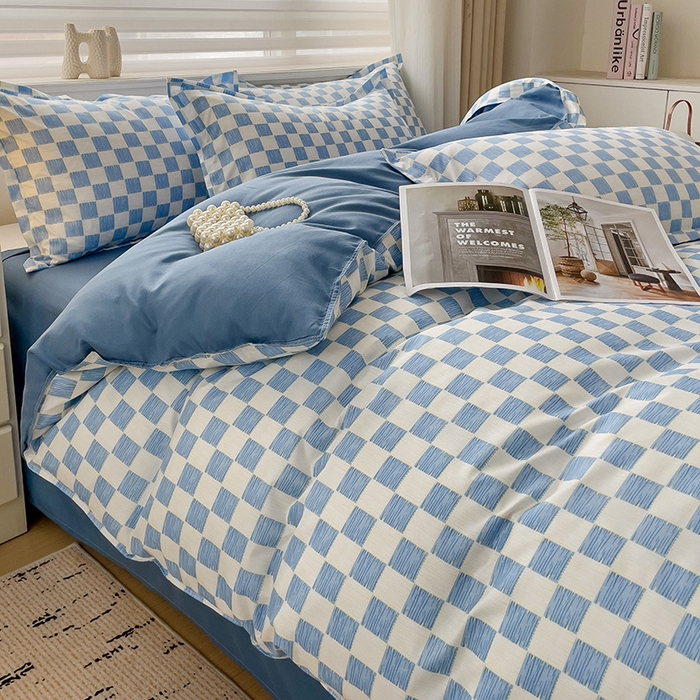 91家纺网 家纺一手货源 找家纺 楠沐家纺 2025新款亲肤柔软水洗棉磨毛四件套 棋盘格蓝