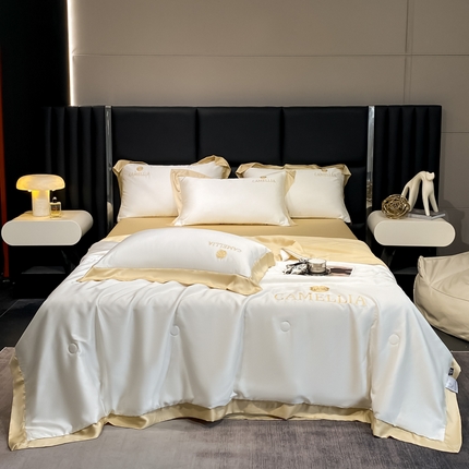 91家纺网 家纺一手货源 找家纺 佳品居 2024新款水洗天丝绣花工艺夏被四件套-山茶花系列 山茶花-米白+奶茶色