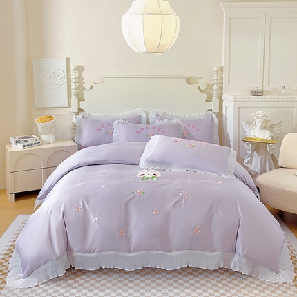 91家纺网 家纺一手货源 找家纺 菲儿家纺 2024新款水洗真丝花边刺绣四件套-萌萌兔系列 萌萌兔丁香紫