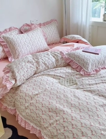 91家纺网 家纺一手货源 找家纺 沐棉 2024新款韩式公主风全棉花边四件套 芬芳