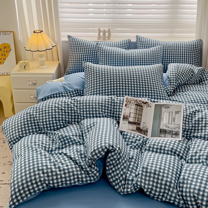 91家纺网 家纺一手货源 找家纺 楠沐家纺 2025新款亲肤柔软水洗棉磨毛四件套 蓝小格