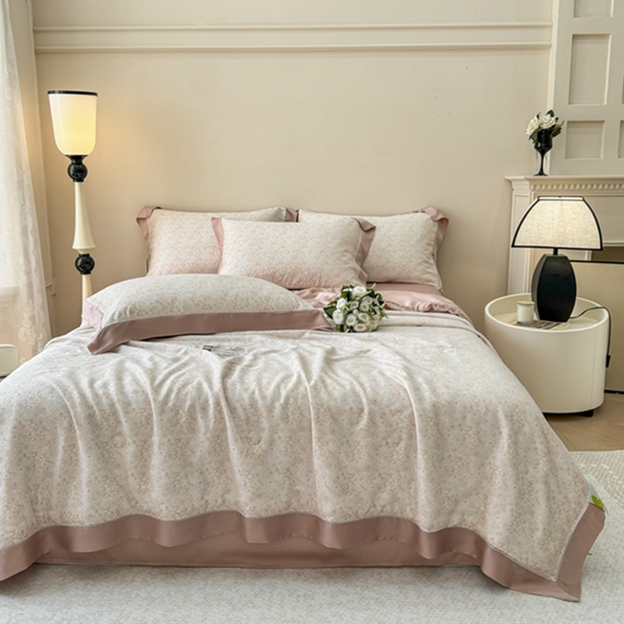 91家纺网 家纺一手货源 找家纺 若未2025新款法式莱赛尔天丝印花镂空夏被和夏被四件套 歌曼（桔）