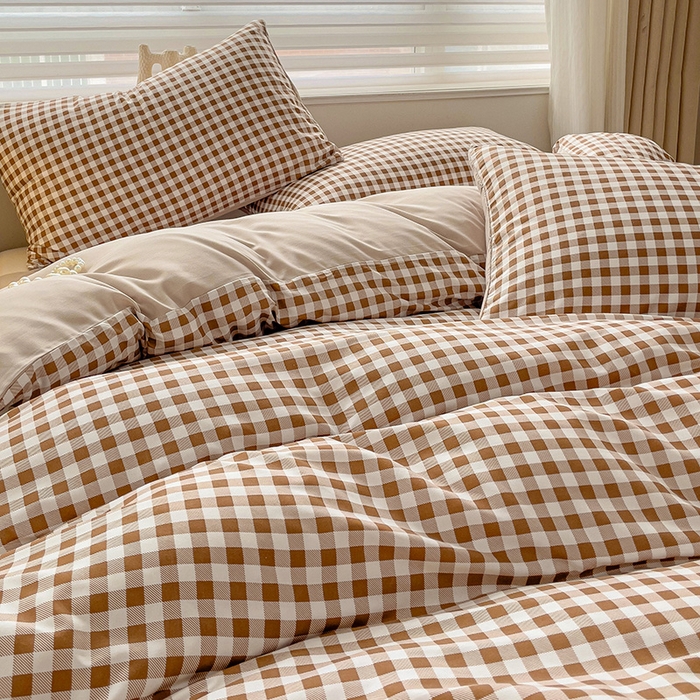 91家纺网 家纺一手货源 找家纺 楠沐家纺 2025新款亲肤柔软水洗棉磨毛四件套 咖小格