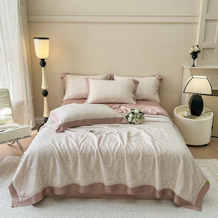 91家纺网 家纺一手货源 找家纺 若未2025新款法式莱赛尔天丝印花镂空夏被和夏被四件套 歌曼（桔）