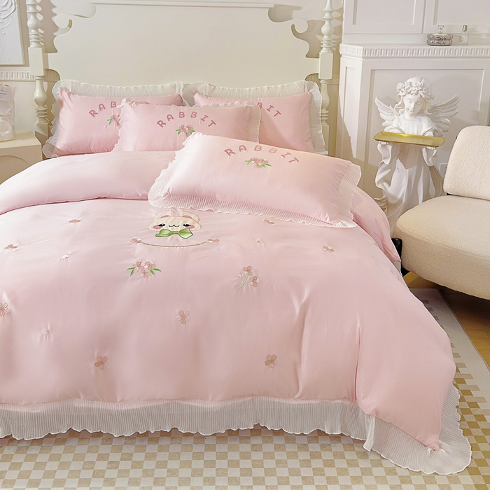 91家纺网 家纺一手货源 找家纺 （总）菲儿家纺 2024新款水洗真丝花边刺绣四件套-萌萌兔系列