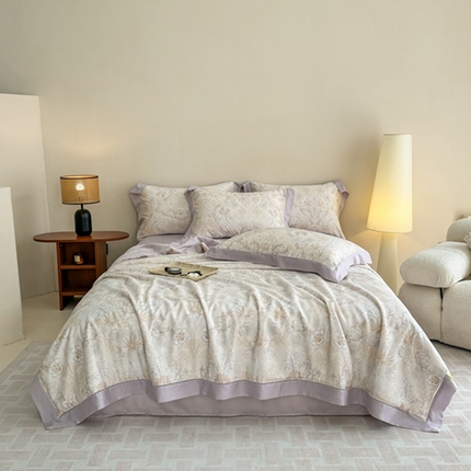 91家纺网 家纺一手货源 找家纺 若未2025新款法式莱赛尔天丝印花镂空夏被和夏被四件套 素瑾（玉）