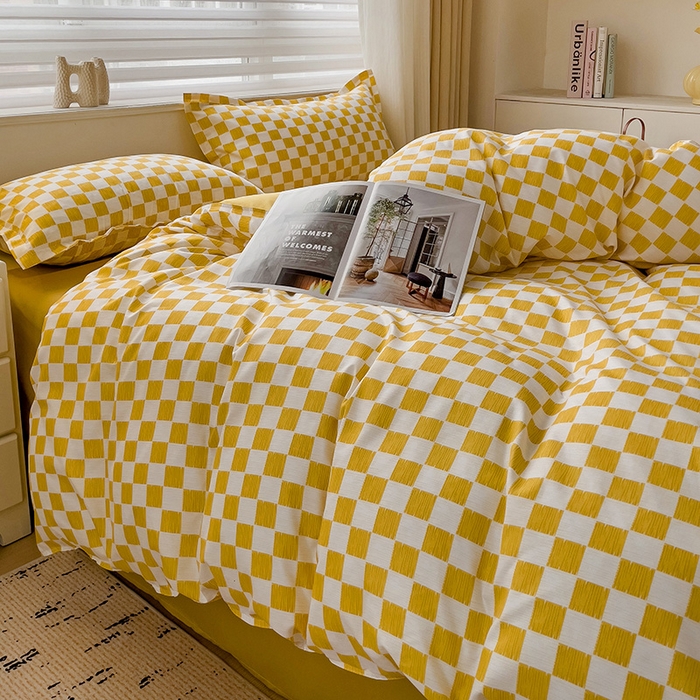 91家纺网 家纺一手货源 找家纺 楠沐家纺 2025新款亲肤柔软水洗棉磨毛四件套 棋盘格黄