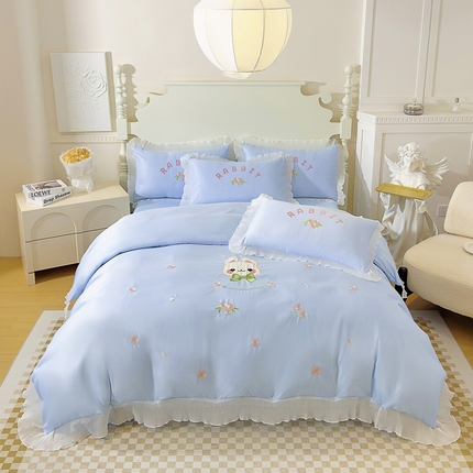 91家纺网 家纺一手货源 找家纺 菲儿家纺 2024新款水洗真丝花边刺绣四件套-萌萌兔系列 萌萌兔-紫罗兰