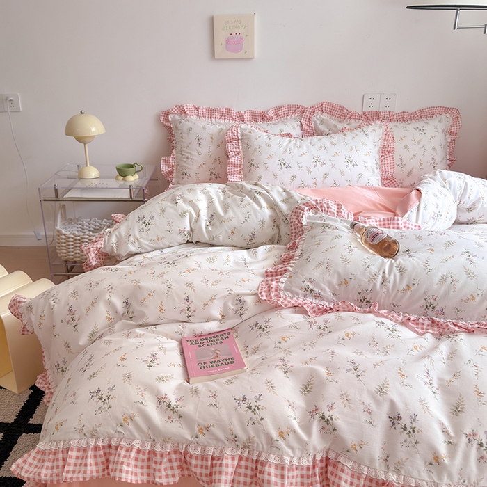 91家纺网 家纺一手货源 找家纺 沐棉 2024新款韩式公主风全棉花边四件套 含香