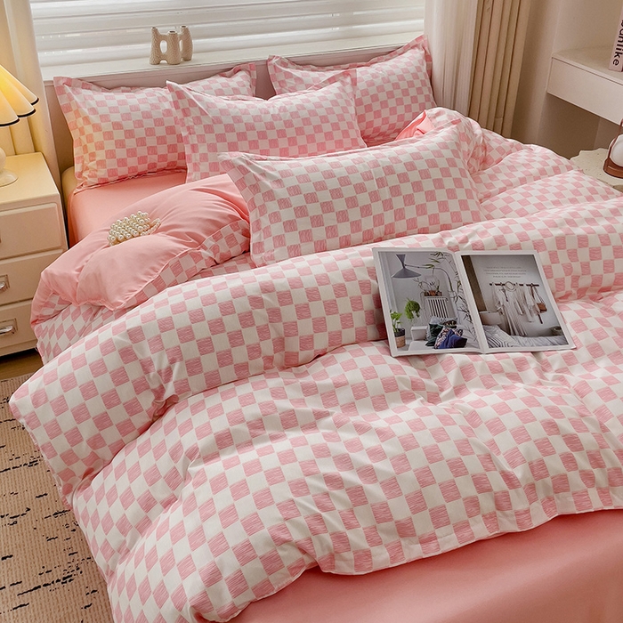 91家纺网 家纺一手货源 找家纺 楠沐家纺 2025新款亲肤柔软水洗棉磨毛四件套 棋盘格粉