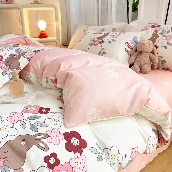 91家纺网 家纺一手货源 找家纺 铭博家纺 2024新款全棉印花四件套 兔语园香